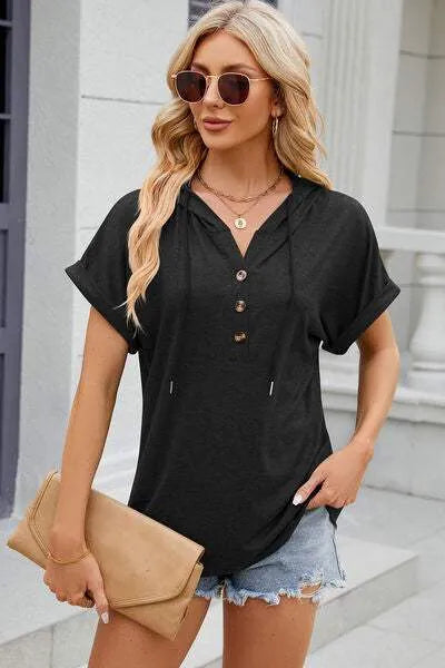 Half Button Drawstring Short Sleeve Hooded T-Shirt Black Women's T-Shirts - Tophatter Daily Deals